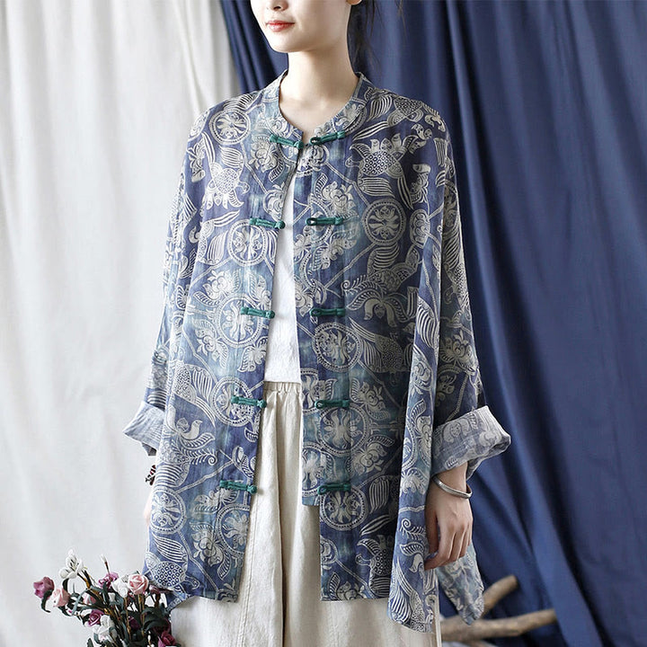 Buddha Stones Birds Flowers Geometry Frog-Button Long Sleeve Ramie Linen Jacket Shirt - image 21