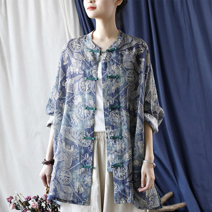 Buddha Stones Birds Flowers Geometry Frog-Button Long Sleeve Ramie Linen Jacket Shirt - image 17