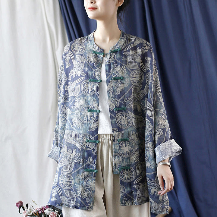 Buddha Stones Birds Flowers Geometry Frog-Button Long Sleeve Ramie Linen Jacket Shirt