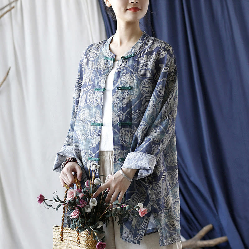 Buddha Stones Birds Flowers Geometry Frog-Button Long Sleeve Ramie Linen Jacket Shirt