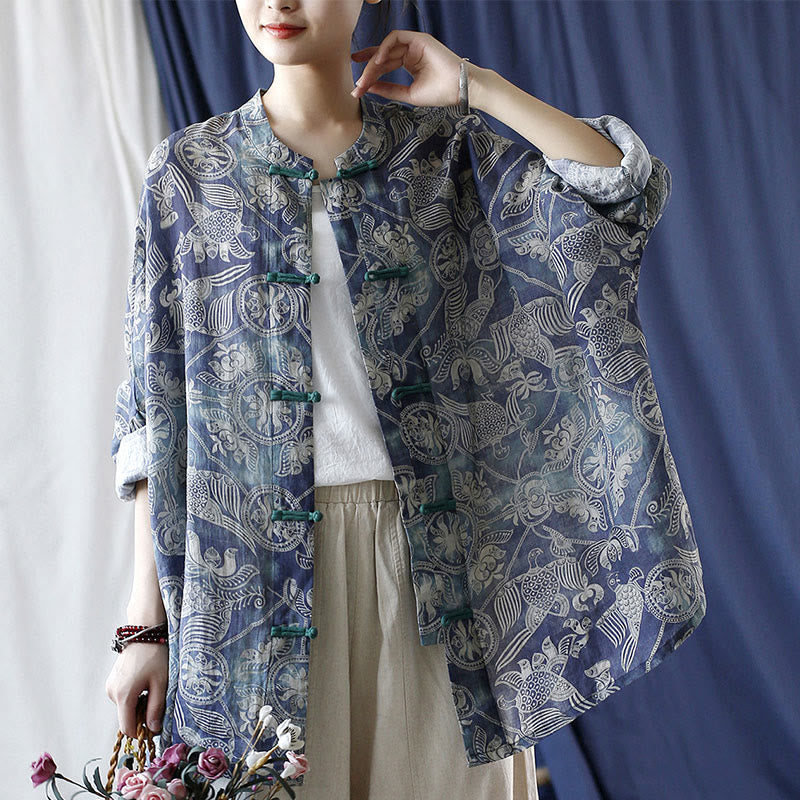 Buddha Stones Birds Flowers Geometry Frog-Button Long Sleeve Ramie Linen Jacket Shirt