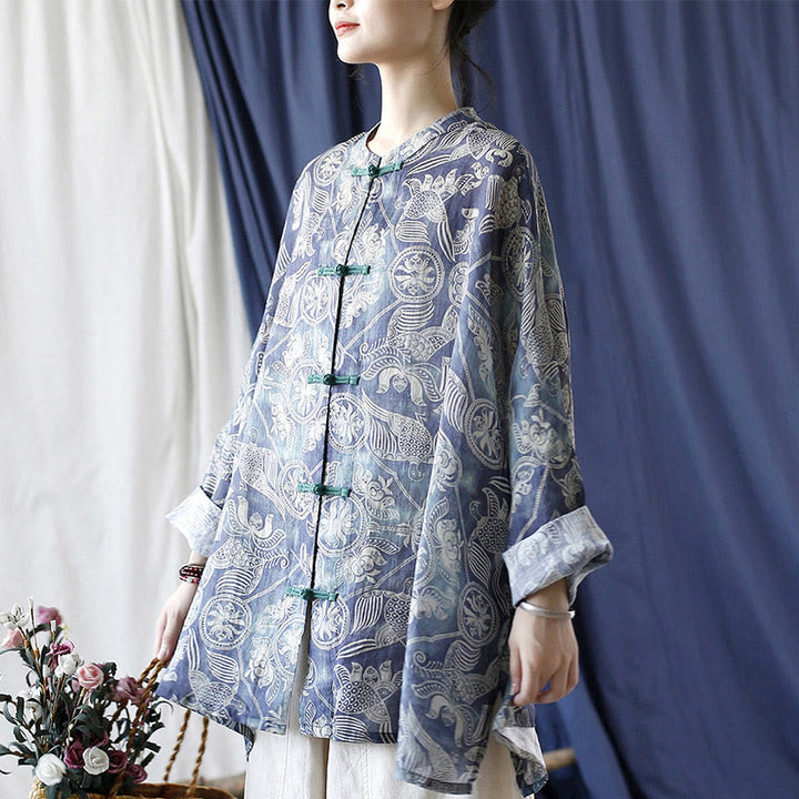 Buddha Stones Birds Flowers Geometry Frog-Button Long Sleeve Ramie Linen Jacket Shirt