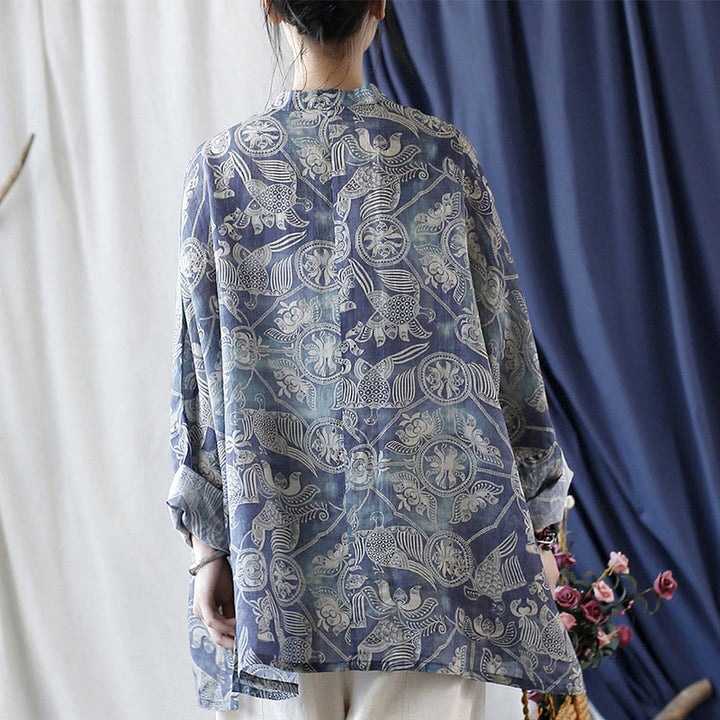 Buddha Stones Birds Flowers Geometry Frog-Button Long Sleeve Ramie Linen Jacket Shirt - image 3