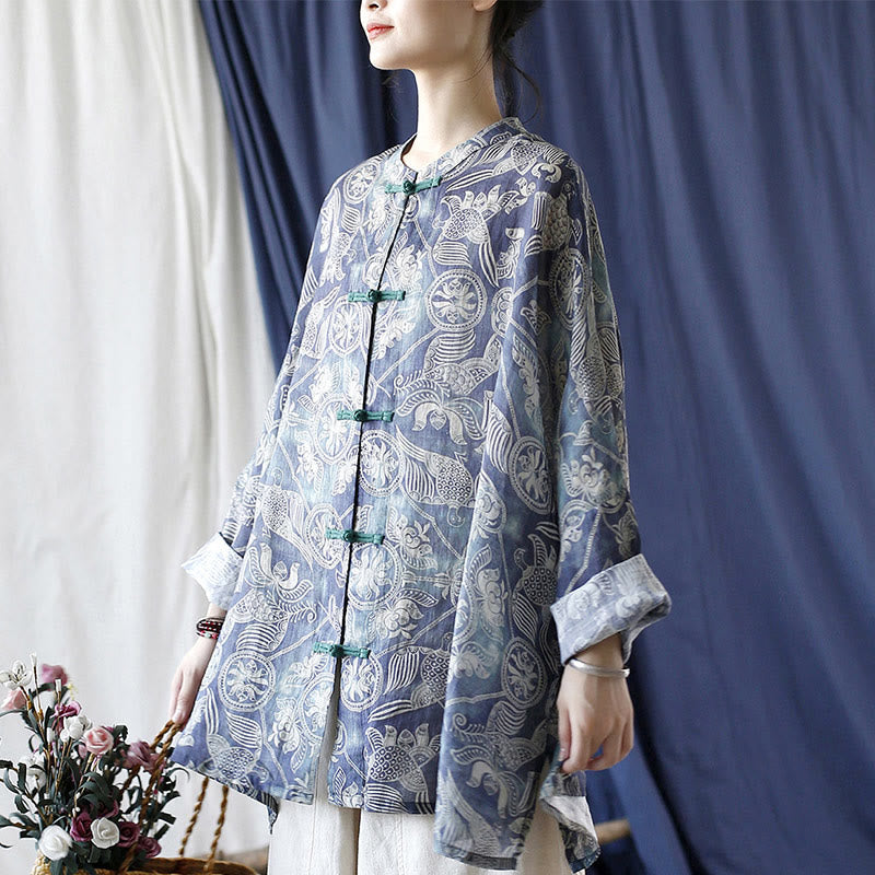 Buddha Stones Birds Flowers Geometry Frog-Button Long Sleeve Ramie Linen Jacket Shirt - image 22