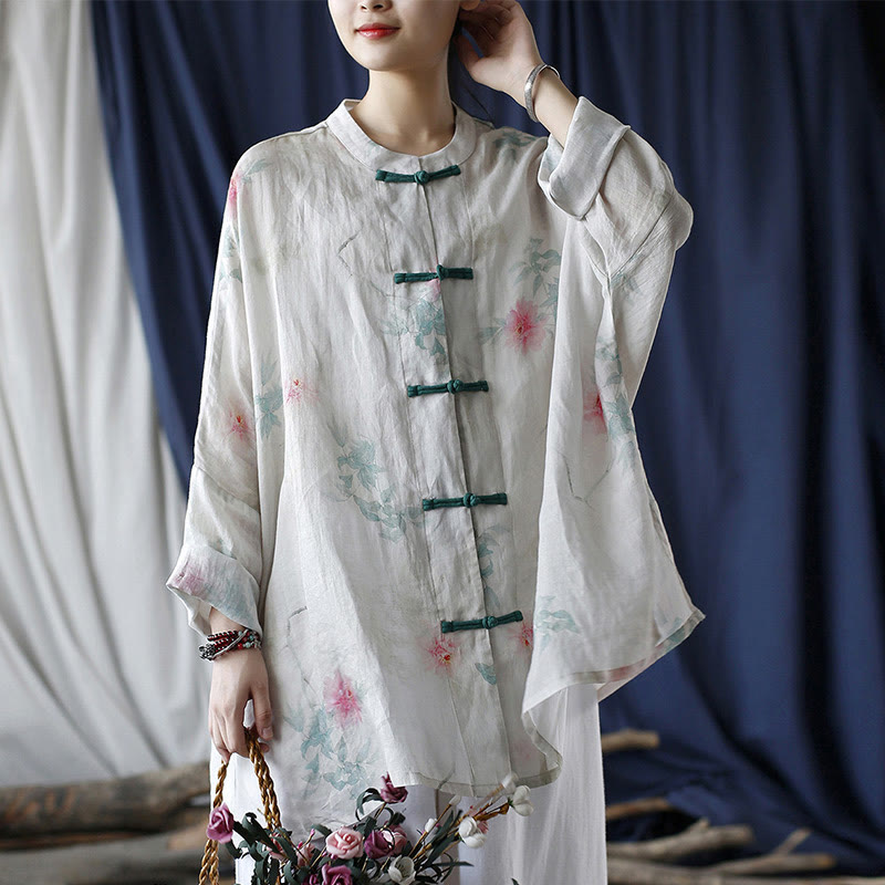 Buddha Stones White Red Flowers Green Leaves Frog-Button Long Sleeve Ramie Linen Jacket Shirt