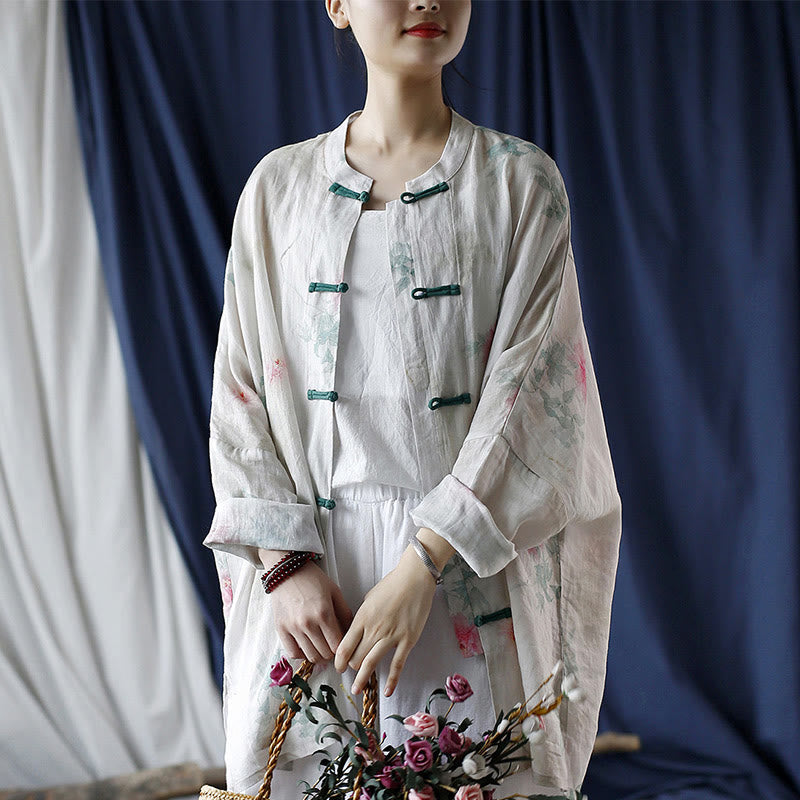 Buddha Stones White Red Flowers Green Leaves Frog-Button Long Sleeve Ramie Linen Jacket Shirt