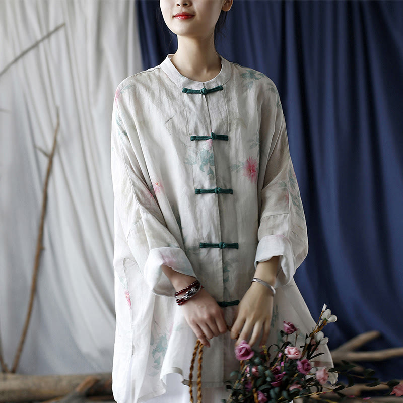 Buddha Stones White Red Flowers Green Leaves Frog-Button Long Sleeve Ramie Linen Jacket Shirt