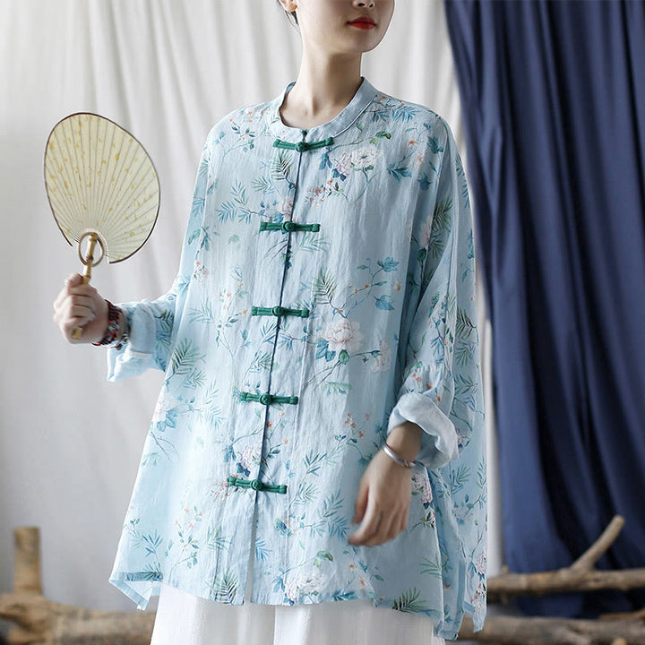 Buddha Stones Light Green Pink Flowers Green Leaves Frog-Button Long Sleeve Ramie Linen Jacket Shirt