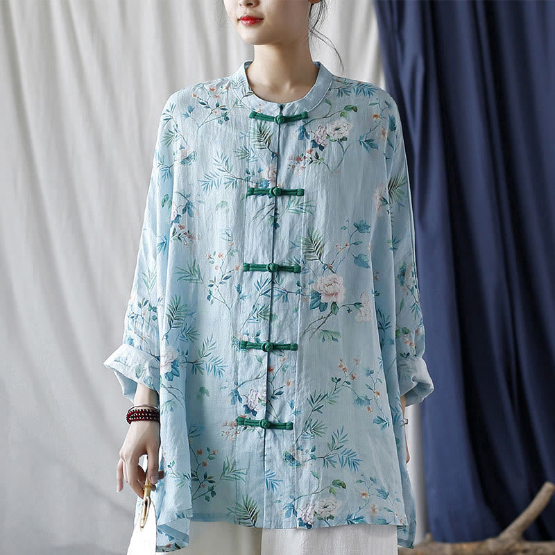 Buddha Stones Light Green Pink Flowers Green Leaves Frog-Button Long Sleeve Ramie Linen Jacket Shirt - image 19