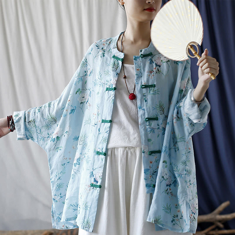 Buddha Stones Light Green Pink Flowers Green Leaves Frog-Button Long Sleeve Ramie Linen Jacket Shirt - image 7