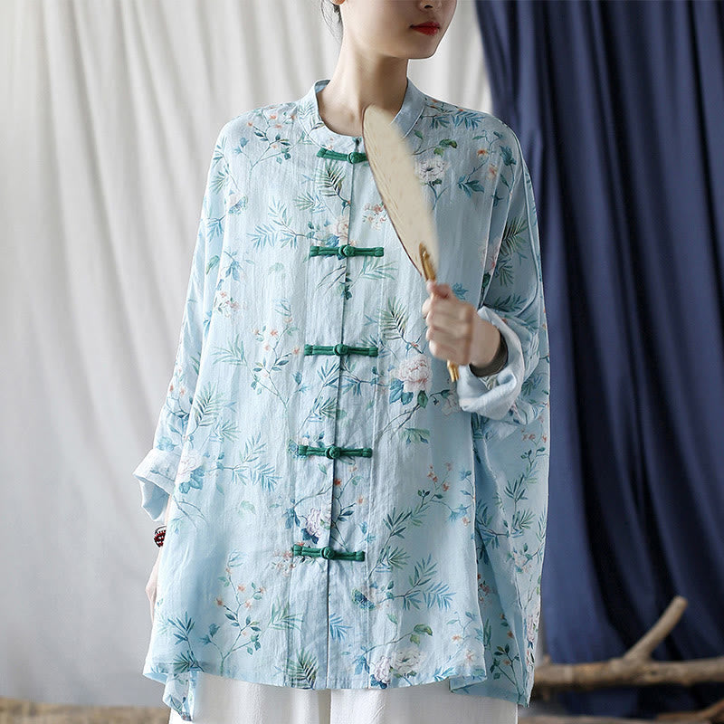 Buddha Stones Light Green Pink Flowers Green Leaves Frog-Button Long Sleeve Ramie Linen Jacket Shirt - image 22