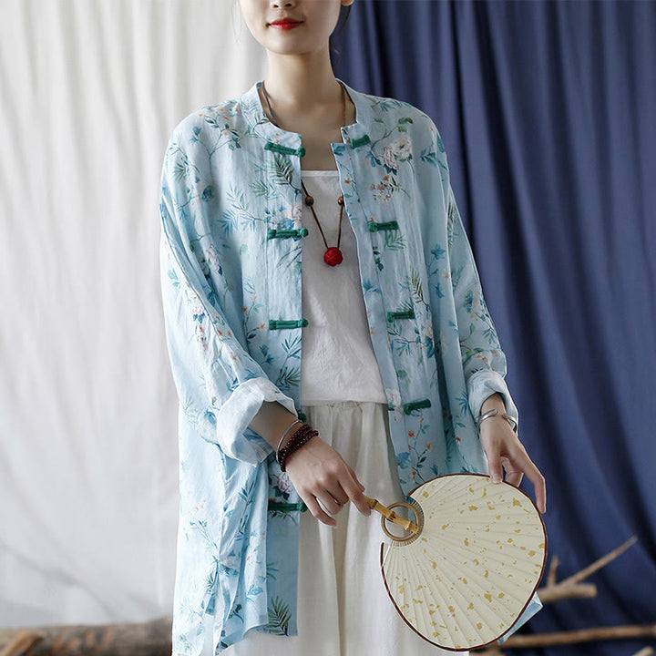 Buddha Stones Light Green Pink Flowers Green Leaves Frog-Button Long Sleeve Ramie Linen Jacket Shirt - image 28