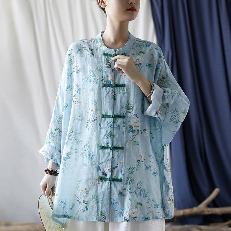 Buddha Stones Light Green Pink Flowers Green Leaves Frog-Button Long Sleeve Ramie Linen Jacket Shirt - image 33