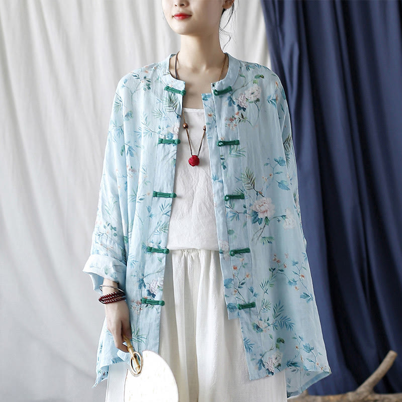 Buddha Stones Light Green Pink Flowers Green Leaves Frog-Button Long Sleeve Ramie Linen Jacket Shirt