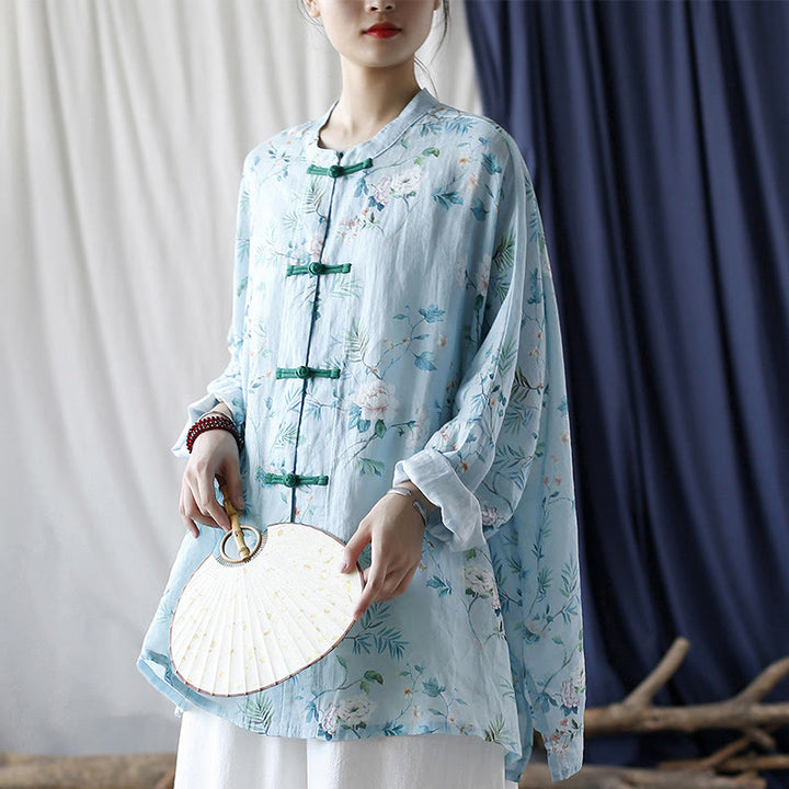 Buddha Stones Light Green Pink Flowers Green Leaves Frog-Button Long Sleeve Ramie Linen Jacket Shirt - image 29