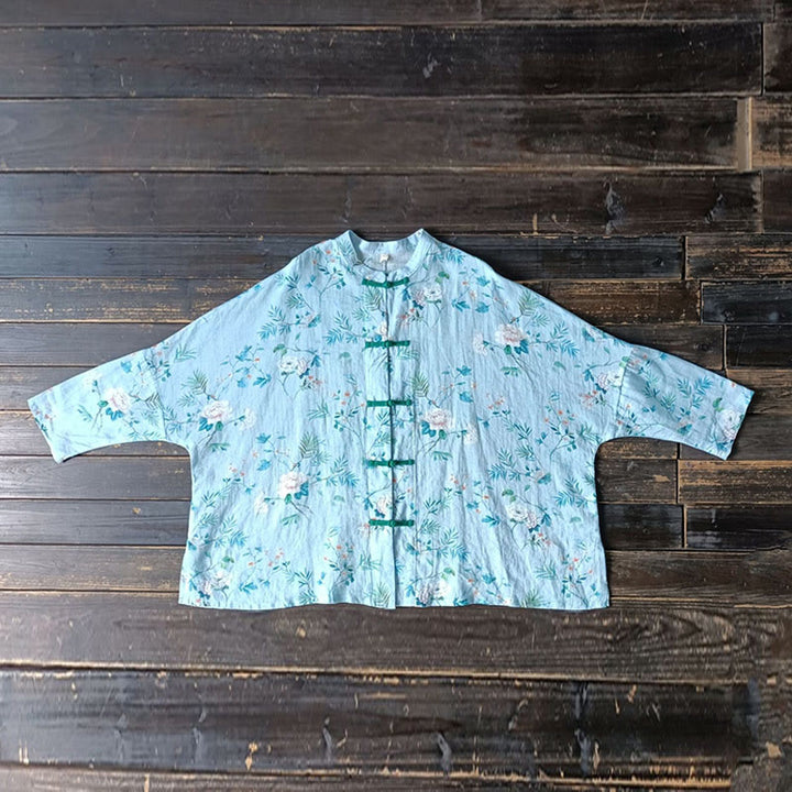 Buddha Stones Light Green Pink Flowers Green Leaves Frog-Button Long Sleeve Ramie Linen Jacket Shirt