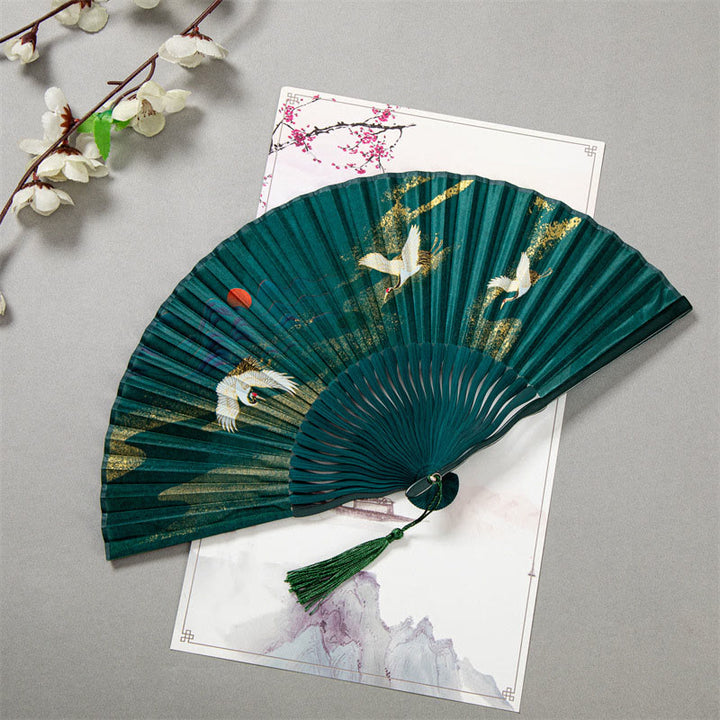 Buddha Stones Flying White Crane Sun Cloud Handheld Silk Bamboo Folding Fan 22cm - Green Crane 22cm - image 4