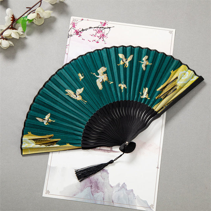 Buddha Stones Flying White Crane Sun Cloud Handheld Silk Bamboo Folding Fan 22cm - Green Black White Crane 22cm - image 6