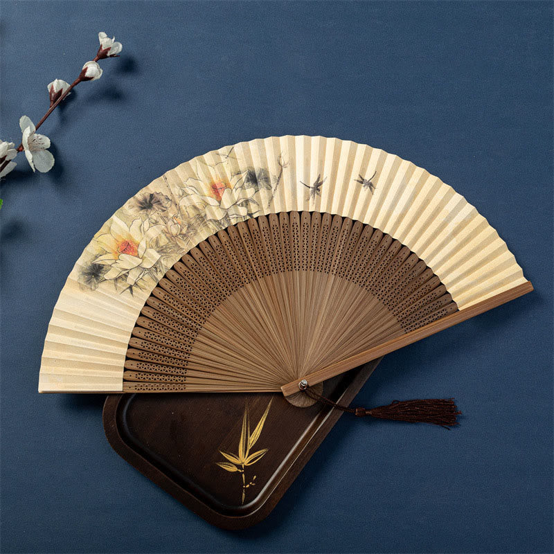 Buddha Stones Lotus Dragonfly Wild Geese Plum Blossom Handheld Silk Bamboo Folding Fan 22.5cm - Lotus Dragonfly 22.5cm - Standard Tassel(Random Tassel Color) - image 1