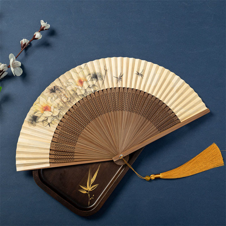 Buddha Stones Lotus Dragonfly Wild Geese Plum Blossom Handheld Silk Bamboo Folding Fan 22.5cm - Lotus Dragonfly 22.5cm - Bead Tassel(Random Tassel Color) - image 6