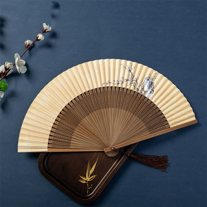 Buddha Stones Lotus Dragonfly Wild Geese Plum Blossom Handheld Silk Bamboo Folding Fan 22.5cm - Plum Blossom 22.5cm - Standard Tassel(Random Tassel Color) - image 9