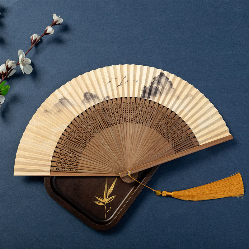 Buddha Stones Lotus Dragonfly Wild Geese Plum Blossom Handheld Silk Bamboo Folding Fan 22.5cm - Wild Geese 22.5cm - Bead Tassel(Random Tassel Color) - image 8