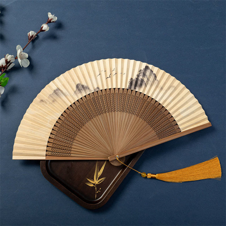 Buddha Stones Lotus Dragonfly Wild Geese Plum Blossom Handheld Silk Bamboo Folding Fan 22.5cm - Wild Geese 22.5cm - Bead Tassel(Random Tassel Color) - image 8