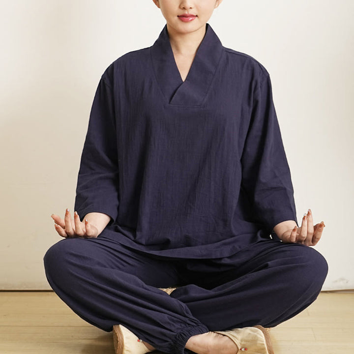 Buddha Stones 2Pcs V-Neck Three Quarter Sleeve Shirt Top Pants Meditation Zen Tai Chi Cotton Linen Clothing Women's Set - Navy Blue(Top&Pants) - US12，UK/AU16，EU44 (XL) - image 7