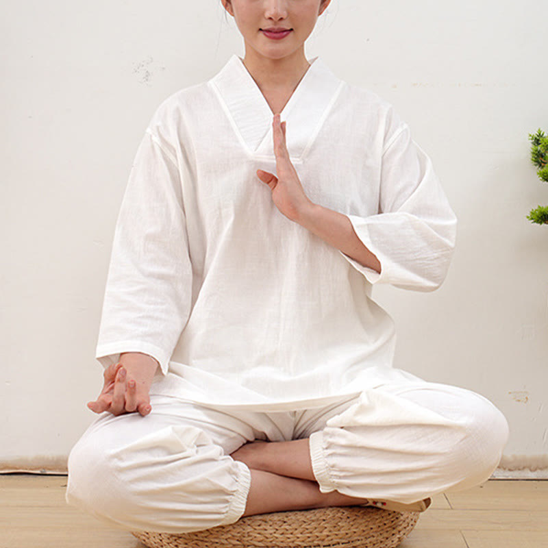 Buddha Stones 2Pcs V-Neck Three Quarter Sleeve Shirt Top Pants Meditation Zen Tai Chi Cotton Linen Clothing Women's Set - White(Top&Pants) - US12，UK/AU16，EU44 (XL) - image 20