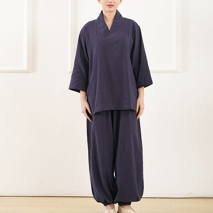 Buddha Stones 2Pcs V-Neck Three Quarter Sleeve Shirt Top Pants Meditation Zen Tai Chi Cotton Linen Clothing Women's Set - image 9