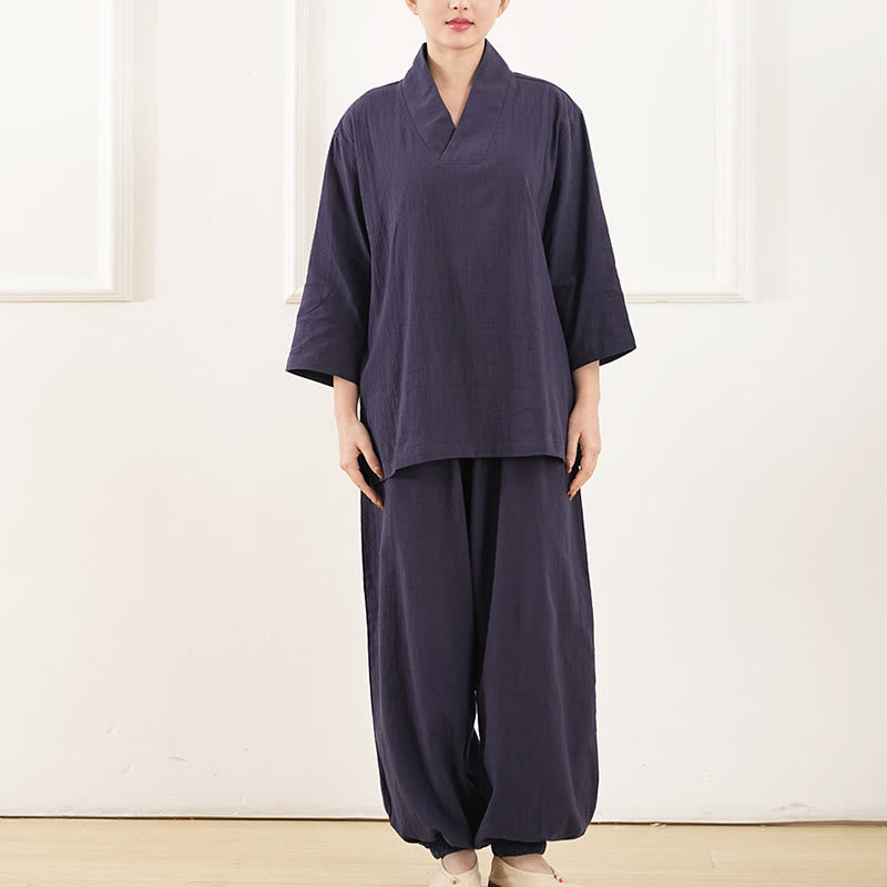 Buddha Stones 2Pcs V-Neck Three Quarter Sleeve Shirt Top Pants Meditation Zen Tai Chi Clothing Women's Set - image 9