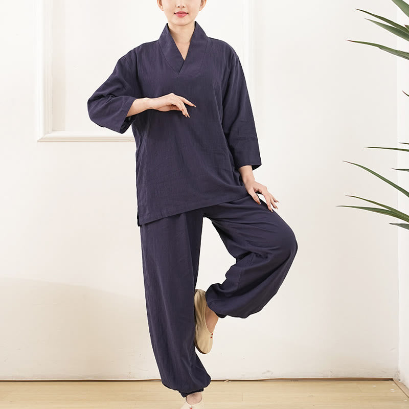 Buddha Stones 2Pcs V-Neck Three Quarter Sleeve Shirt Top Pants Meditation Zen Tai Chi Cotton Linen Clothing Women's Set - image 11