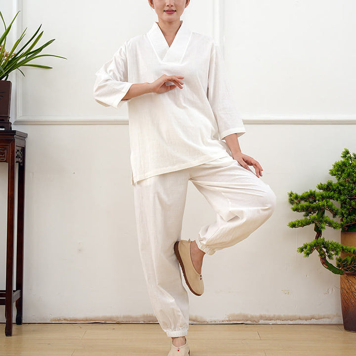 Buddha Stones 2Pcs V-Neck Three Quarter Sleeve Shirt Top Pants Meditation Zen Tai Chi Cotton Linen Clothing Women's Set - image 22