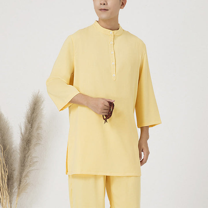 Buddha Stones 2Pcs Buttons Men's Three Quarter Sleeve Shirt Top Pants Meditation Zen Tai Chi Cotton Linen Clothing Set - Yellow(Top&Pants) - US/UK/AU40，EU50 (2XL) - image 10