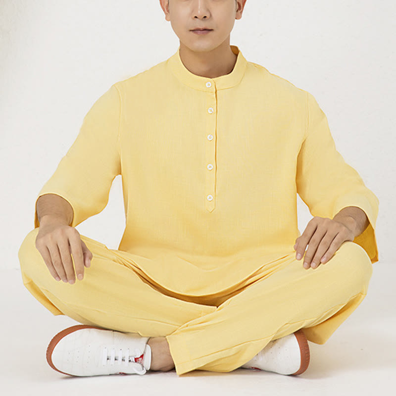 Buddha Stones 2Pcs Buttons Men's Three Quarter Sleeve Shirt Top Pants Meditation Zen Tai Chi Cotton Linen Clothing Set - image 11