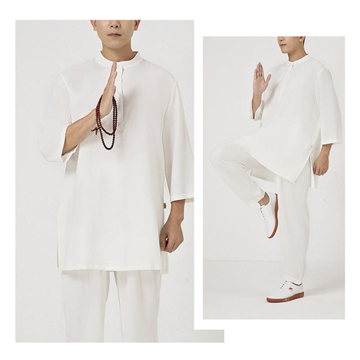 Buddha Stones 2Pcs Buttons Men's Three Quarter Sleeve Shirt Top Pants Meditation Zen Tai Chi Cotton Linen Clothing Set - image 4
