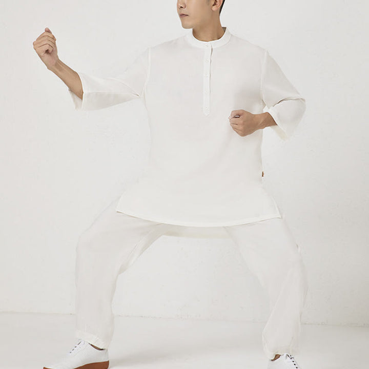 Buddha Stones 2Pcs Buttons Men's Three Quarter Sleeve Shirt Top Pants Meditation Zen Tai Chi Cotton Linen Clothing Set - image 2