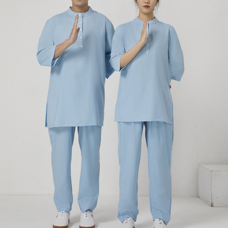 Buddha Stones 2Pcs Buttons Men's Three Quarter Sleeve Shirt Top Pants Meditation Zen Tai Chi Cotton Linen Clothing Set - image 8