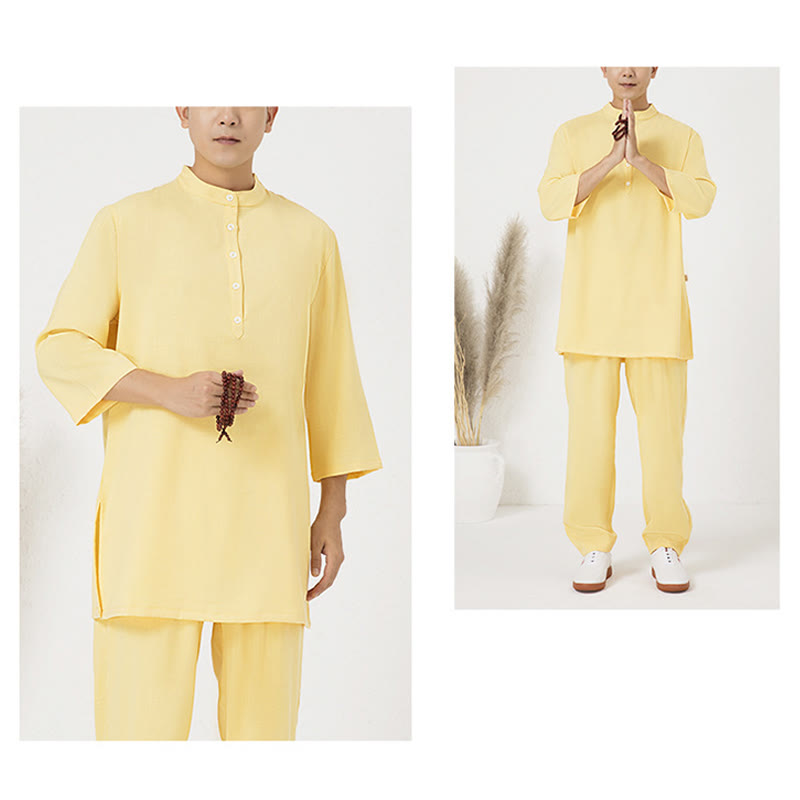 Buddha Stones 2Pcs Buttons Men's Three Quarter Sleeve Shirt Top Pants Meditation Zen Tai Chi Cotton Linen Clothing Set - image 12