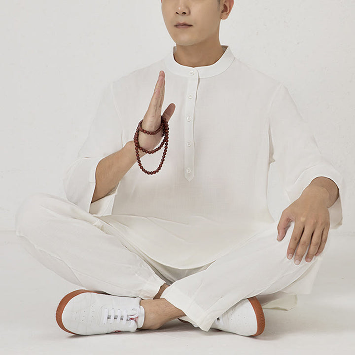 Buddha Stones 2Pcs Buttons Men's Three Quarter Sleeve Shirt Top Pants Meditation Zen Tai Chi Cotton Linen Clothing Set - White(Top&Pants) - US/UK/AU40，EU50 (2XL) - image 0