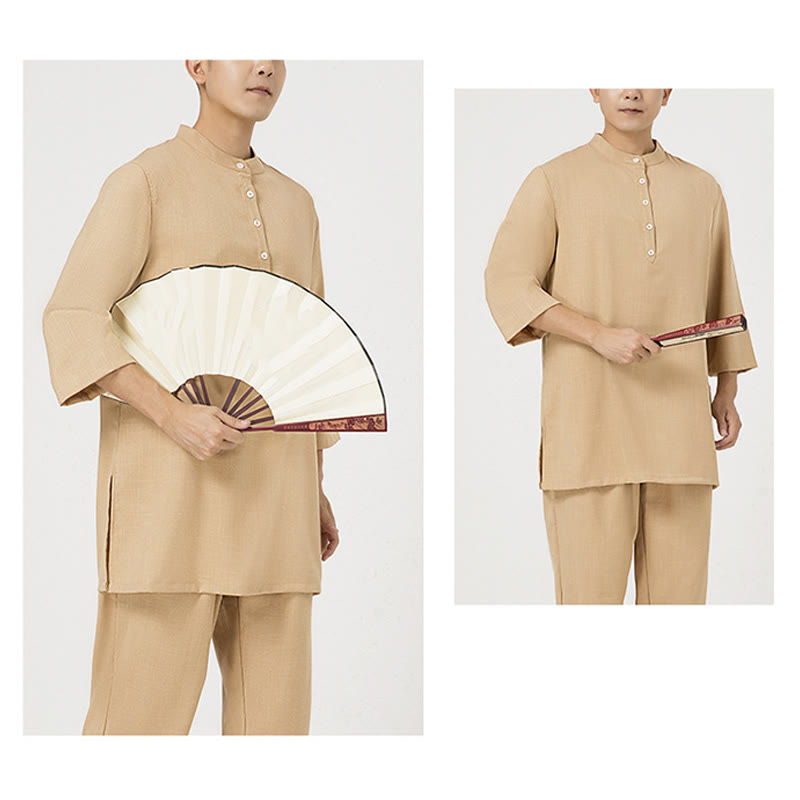 Buddha Stones 2Pcs Buttons Men's Three Quarter Sleeve Shirt Top Pants Meditation Zen Tai Chi Cotton Linen Clothing Set - image 14