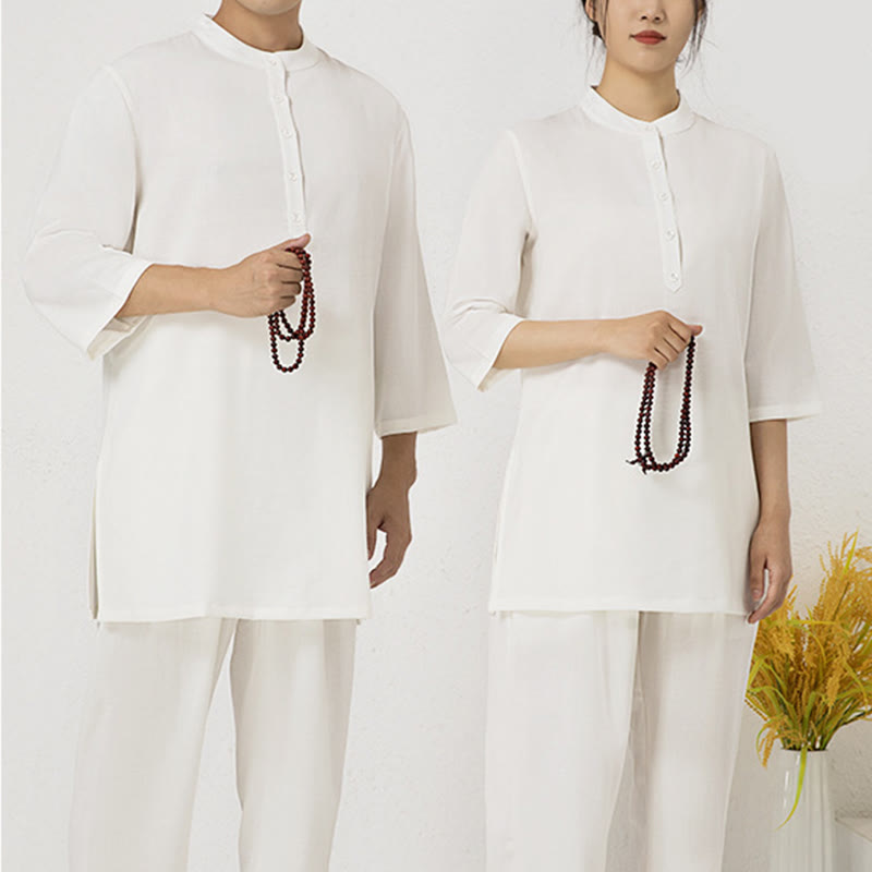 Buddha Stones 2Pcs Buttons Men's Three Quarter Sleeve Shirt Top Pants Meditation Zen Tai Chi Cotton Linen Clothing Set - image 3