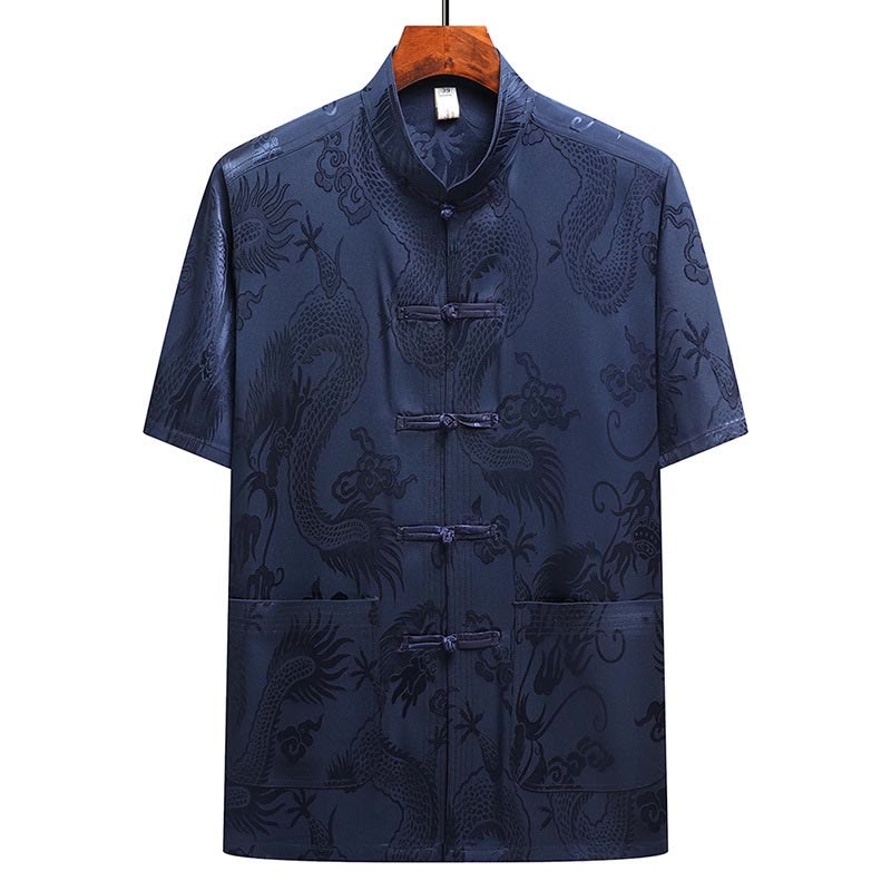 Buddha Stones Dragon Pattern Tang Suit Hanfu Traditional Uniform Short Sleeve Top Pants Clothing Men's Set - image 24