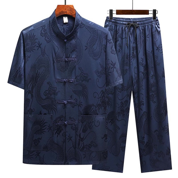 Buddha Stones Dragon Pattern Tang Suit Hanfu Traditional Uniform Short Sleeve Top Pants Clothing Men's Set - Navy Blue(Top&Pants) - US/UK/AU44，EU54 (4XL) - image 22