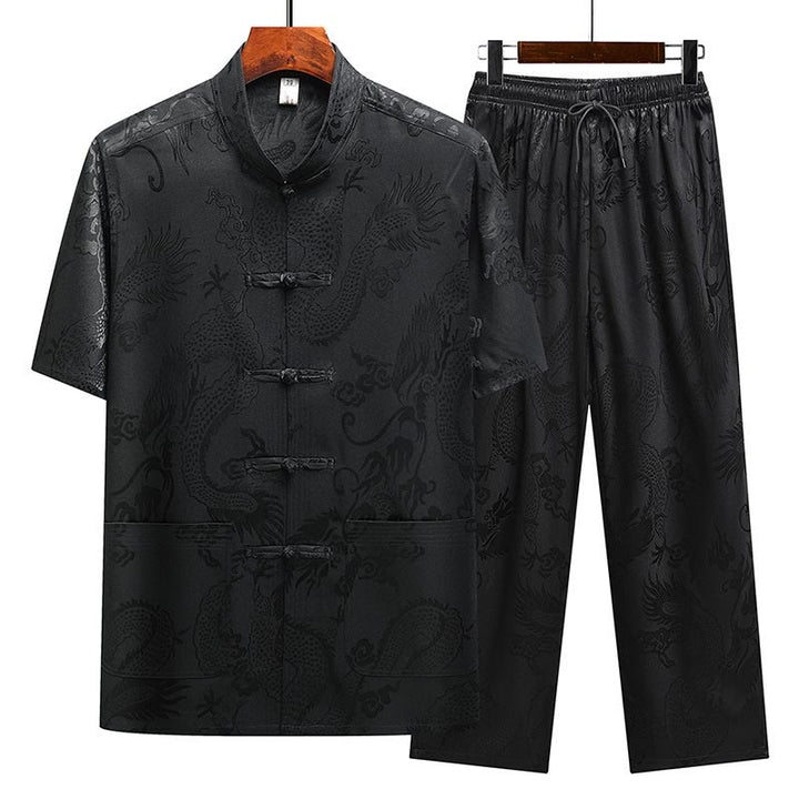 Buddha Stones Dragon Pattern Tang Suit Hanfu Traditional Uniform Short Sleeve Top Pants Clothing Men's Set - Black(Top&Pants) - US/UK/AU44，EU54 (4XL) - image 25