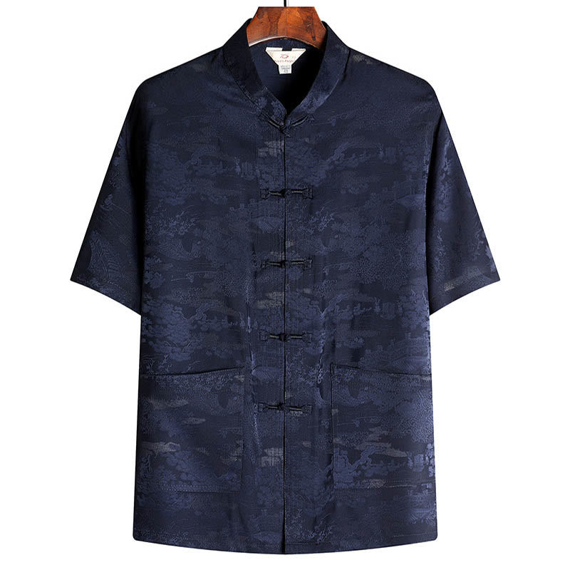 Buddha Stones Pine Tree Pavilion Garden Tang Suit Hanfu Traditional Uniform Short Sleeve Top Pants Clothing Men's Set - Navy Blue - Top - US/UK/AU44，EU54 (4XL) - image 10