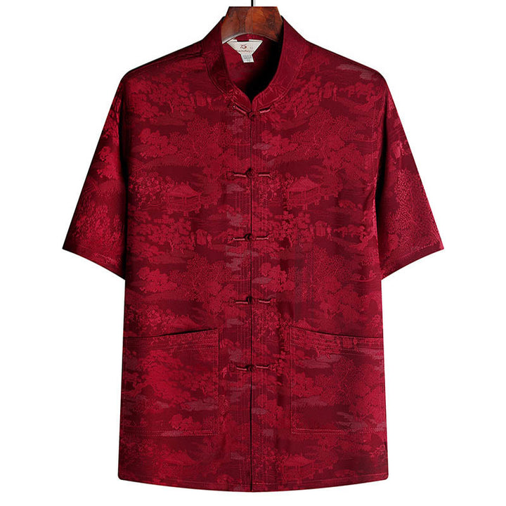 Buddha Stones Pine Tree Pavilion Garden Tang Suit Hanfu Traditional Uniform Short Sleeve Top Pants Clothing Men's Set - Red - Top - US/UK/AU44，EU54 (4XL) - image 12