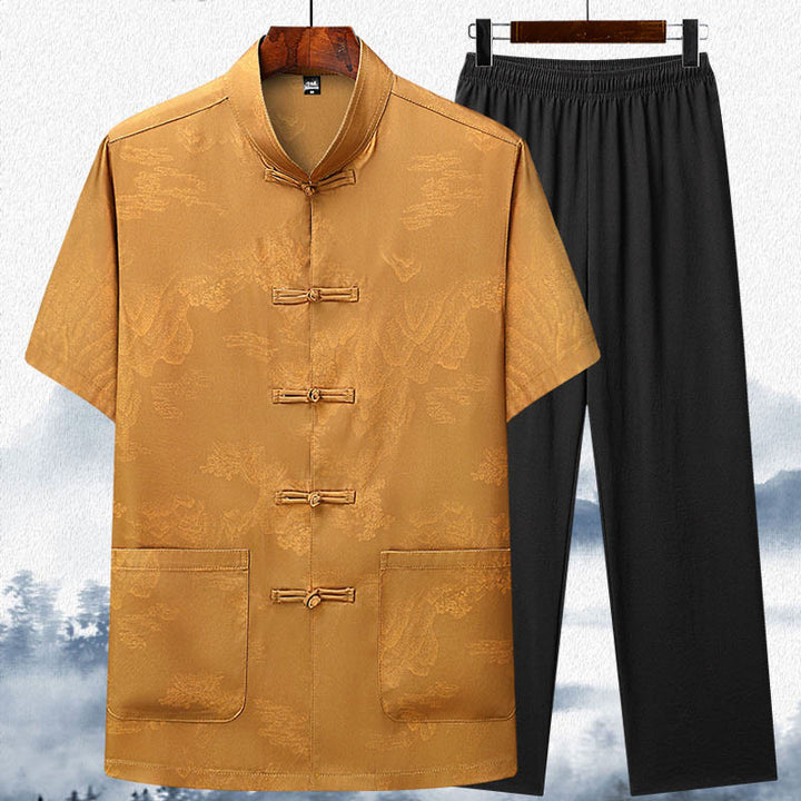 Buddha Stones Mountains Trees Tang Suit Hanfu Traditional Uniform Short Sleeve Top Pants Clothing Men's Set - Yellow - Top&Pants - US/UK/AU42，EU52 (3XL)  - image 13