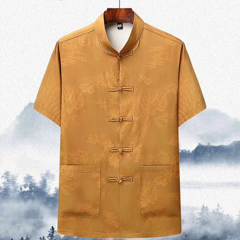 Buddha Stones Mountains Trees Tang Suit Hanfu Traditional Uniform Short Sleeve Top Pants Clothing Men's Set