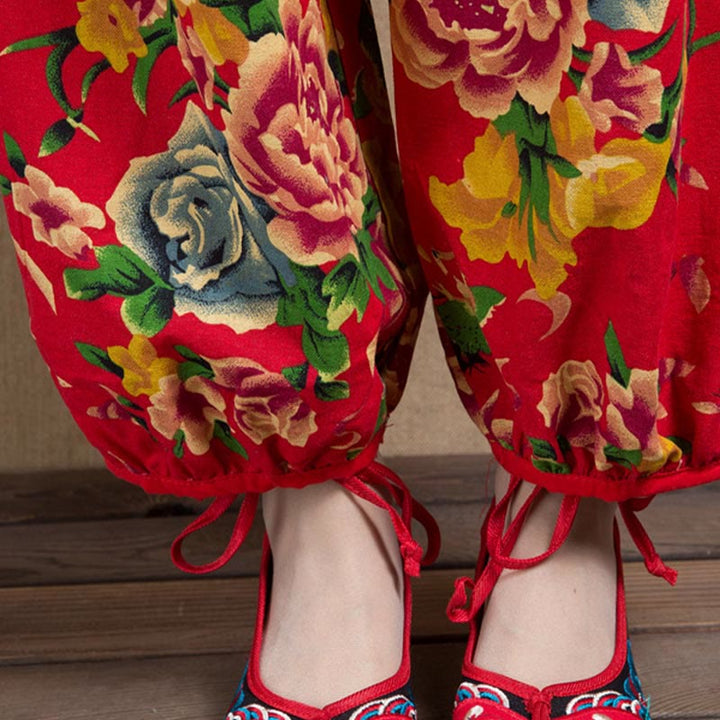 Buddha Stones Ethnic Style Red Green Flowers Print Harem Pants With Pockets - image 6